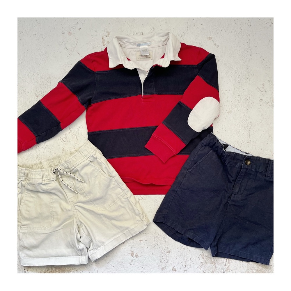 Janie And Jack Boy’s Rugby Striped Shirt & Linen Khaki Shorts Set Size 6